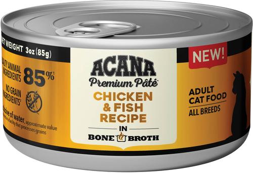 Show full view: ACANA Premium Chicken & Fish in Bone Broth Pate Wet Cat Food, 3-oz can, case of 24 slide 3 of 12