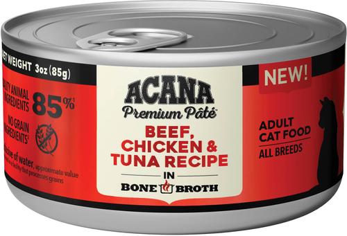 Show full view: ACANA Premium Beef Chicken & Tuna in Bone Broth Pate Wet Cat Food, 3-oz can, case of 24 slide 3 of 12