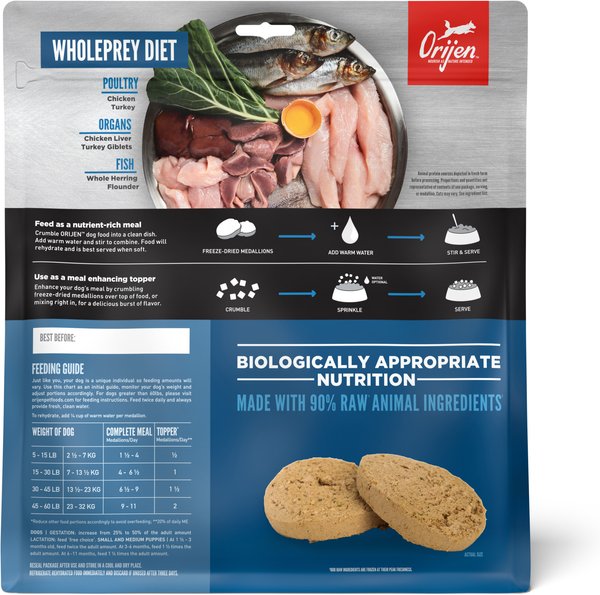 Show full view: ORIJEN Original Grain-Free High-Protein Freeze-Dried Dog Food & Topper, 6-oz bag slide 3 of 14