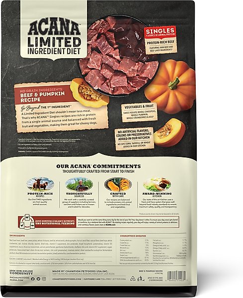 Show full view: ACANA Singles Limited Ingredient Beef & Pumpkin Grain-Free High-Protein Dry Dog Food, 4.5-lb bag slide 3 of 14