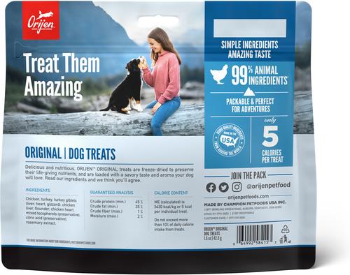 Show full view: ORIJEN Original Grain-Free High-Protein Freeze-Dried Dog Treats, 1.5-oz bag slide 3 of 10