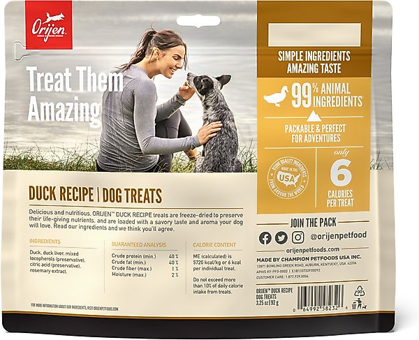 Show full view: ORIJEN Free Run Duck Grain-Free High-Protein Freeze-Dried Dog Treats, 3.25-oz bag slide 3 of 10