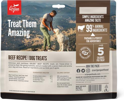 Show full view: ORIJEN Ranch-Raised Beef Grain-Free High-Protein Freeze-Dried Dog Treats, 3.25-oz bag slide 3 of 10