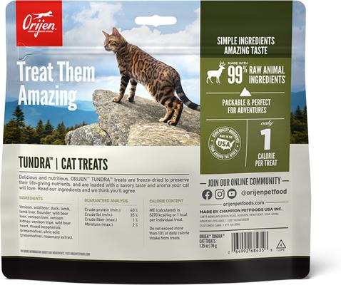Show full view: ORIJEN Tundra Grain-Free High-Protein Raw Animal Ingredients Freeze-Dried Cat Treats, 1.25-oz bag slide 3 of 9