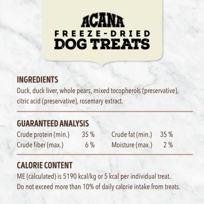 Show full view: ACANA Singles Duck & Pear Grain-Free Limited Ingredients & Freeze-Dried Dog Treats, 3.25-oz bag slide 6 of 10