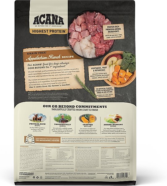 Show full view: ACANA Appalachian Ranch Highest Protein Grain-Free Dry Dog Food, 4.5-lb bag slide 3 of 14