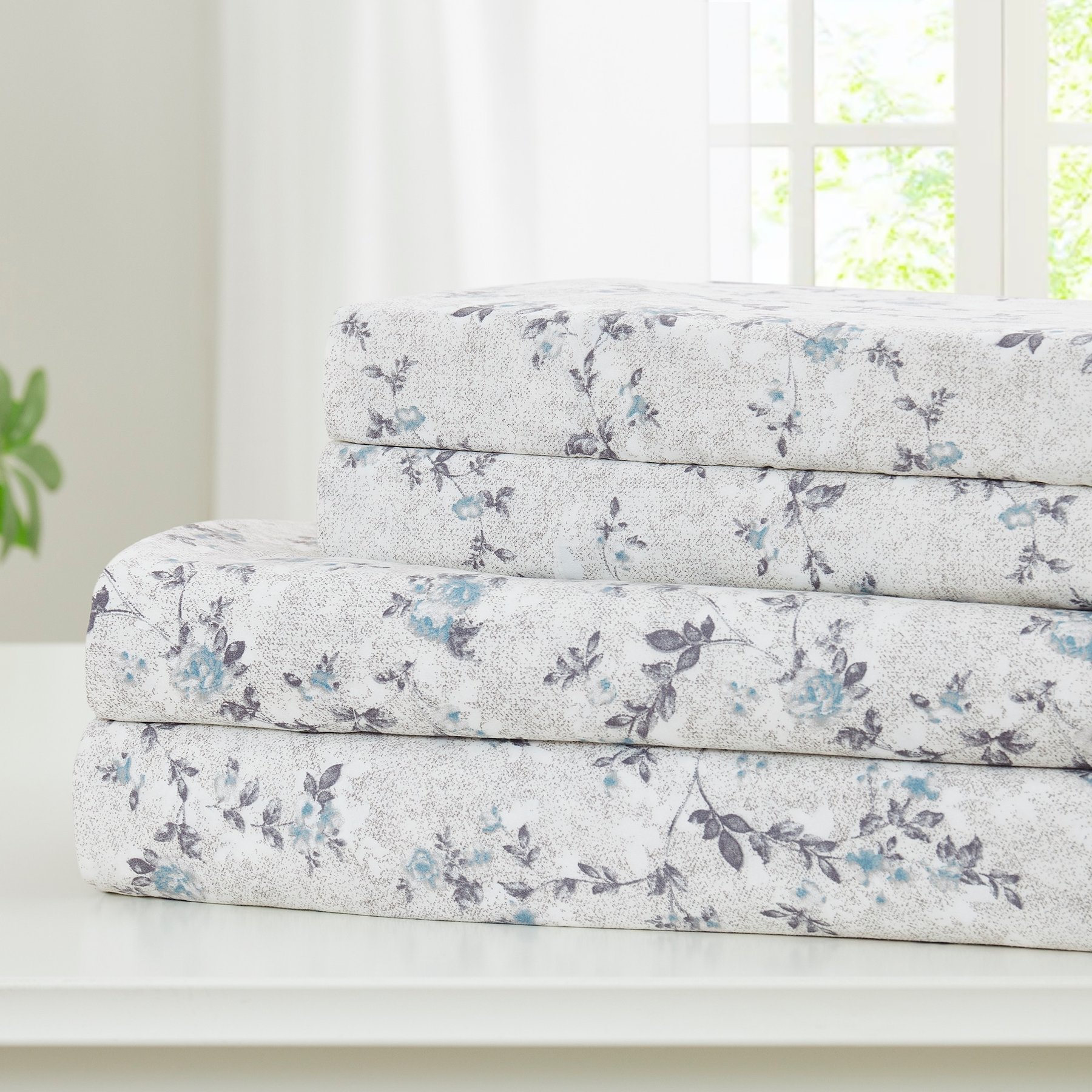 MODERN THREADS Soft Microfiber Solid Bed Sheet Set, Floral Blue, Twin
