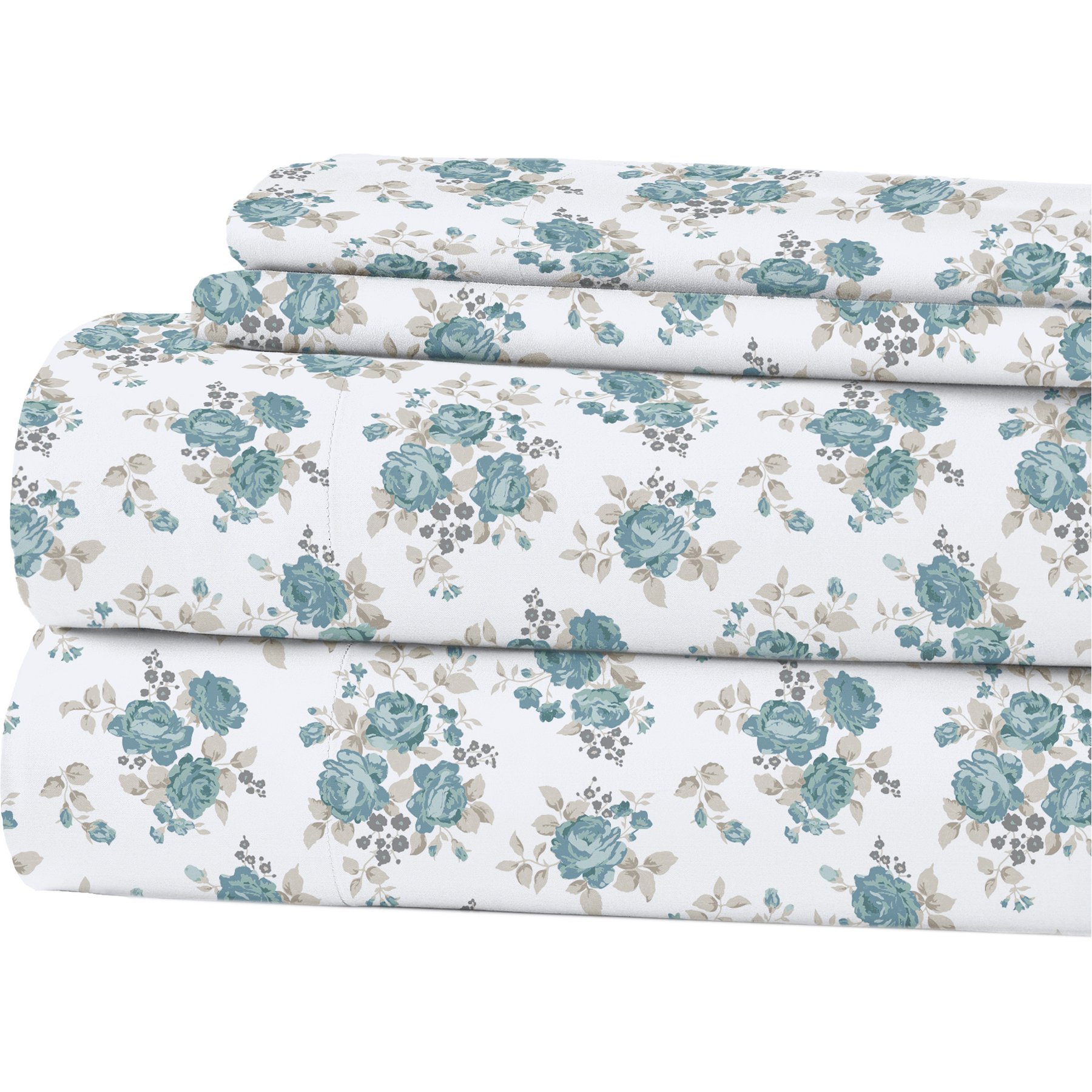 MODERN THREADS Soft Microfiber Solid Bed Sheet Set, Light Blue Roses, Full