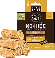 Earth Animal No-Hide Small Rolls Long Lasting Natural Rawhide Alternative Peanut Butter Vegetarian Recipe Chew Dog Treats, 6 count