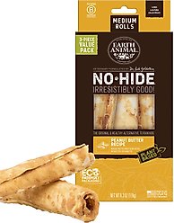 Earth Animal No-Hide Medium Rolls Long Lasting Natural Rawhide Alternative Peanut Butter Vegetarian Recipe Chew Dog Treats, 3 count