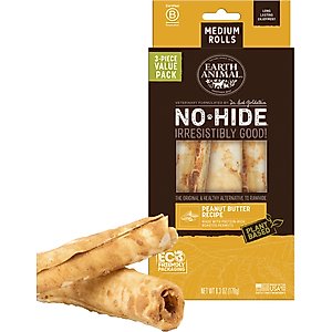 Earth Animal No-Hide Medium Rolls Long Lasting Natural Rawhide Alternative Peanut Butter Vegetarian Recipe Chew Dog Treats, 3 count
