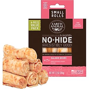 Earth Animal No-Hide Small Rolls Long Lasting Natural Rawhide Alternative Salmon Recipe Chew Dog Treats, 6 count