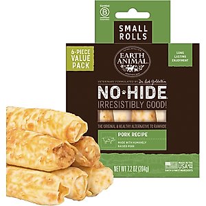 Earth Animal No-Hide Small Rolls Long Lasting Natural Rawhide Alternative Pork Recipe Chew Dog Treats, 6 count