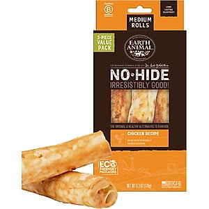 Earth Animal No-Hide Medium Rolls Long Lasting Natural Rawhide Alternative Chicken Recipe Chew Dog Treats, 3 count