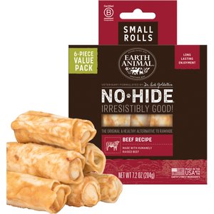 Earth Animal No-Hide Small Rolls Long Lasting Natural Rawhide Alternative Beef Recipe Chew Dog Treats, 6 count