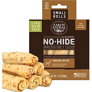 Earth Animal No-Hide Small Rolls Long Lasting Natural Rawhide Alternative Venison Recipe Chew Dog Treats, 6 count