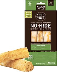 Earth Animal No-Hide Medium Rolls Long Lasting Natural Rawhide Alternative Pork Recipe Chew Dog Treats, 3 count