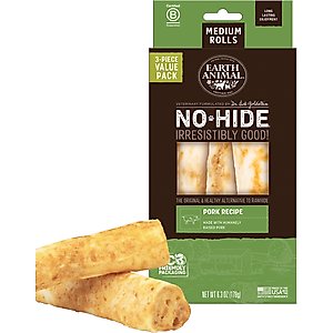 Earth Animal No-Hide Medium Rolls Long Lasting Natural Rawhide Alternative Pork Recipe Chew Dog Treats, 3 count