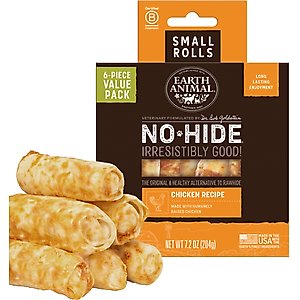 Earth Animal No-Hide Small Rolls Long Lasting Natural Rawhide Alternative Chicken Recipe Chew Dog Treats, 6 count