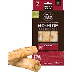 Earth Animal No-Hide Medium Rolls Long Lasting Natural Rawhide Alternative Beef Recipe Chew Dog Treats, 3 count