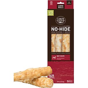 Earth Animal No-Hide Large Rolls Long Lasting Natural Rawhide Alternative Beef Recipe Chew Dog Treats, 3 count