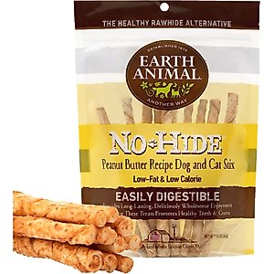 Earth Animal No-Hide Stix Long Lasting Natural Rawhide Alternative Peanut Butter Vegetarian Recipe Chew Dog & Cat Treat Sticks, 10 count