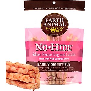 Earth Animal No-Hide Stix Long Lasting Natural Rawhide Alternative Salmon Recipe Chew Dog & Cat Treat Sticks, 10 count