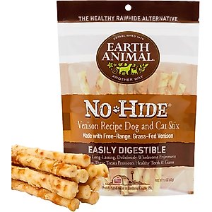 Earth Animal No-Hide Stix Long Lasting Natural Rawhide Alternative Venison Recipe Chew Dog & Cat Treat Sticks, 10 count