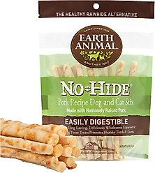 Earth Animal No-Hide Stix Long Lasting Natural Rawhide Alternative Pork Recipe Chew Dog & Cat Treat Sticks, 10 count