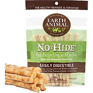 Earth Animal No-Hide Stix Long Lasting Natural Rawhide Alternative Pork Recipe Chew Dog & Cat Treat Sticks, 10 count