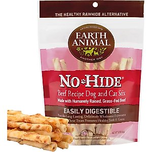 Earth Animal No-Hide Stix Long Lasting Natural Rawhide Alternative Beef Recipe Chew Dog & Cat Treat Sticks, 10 count