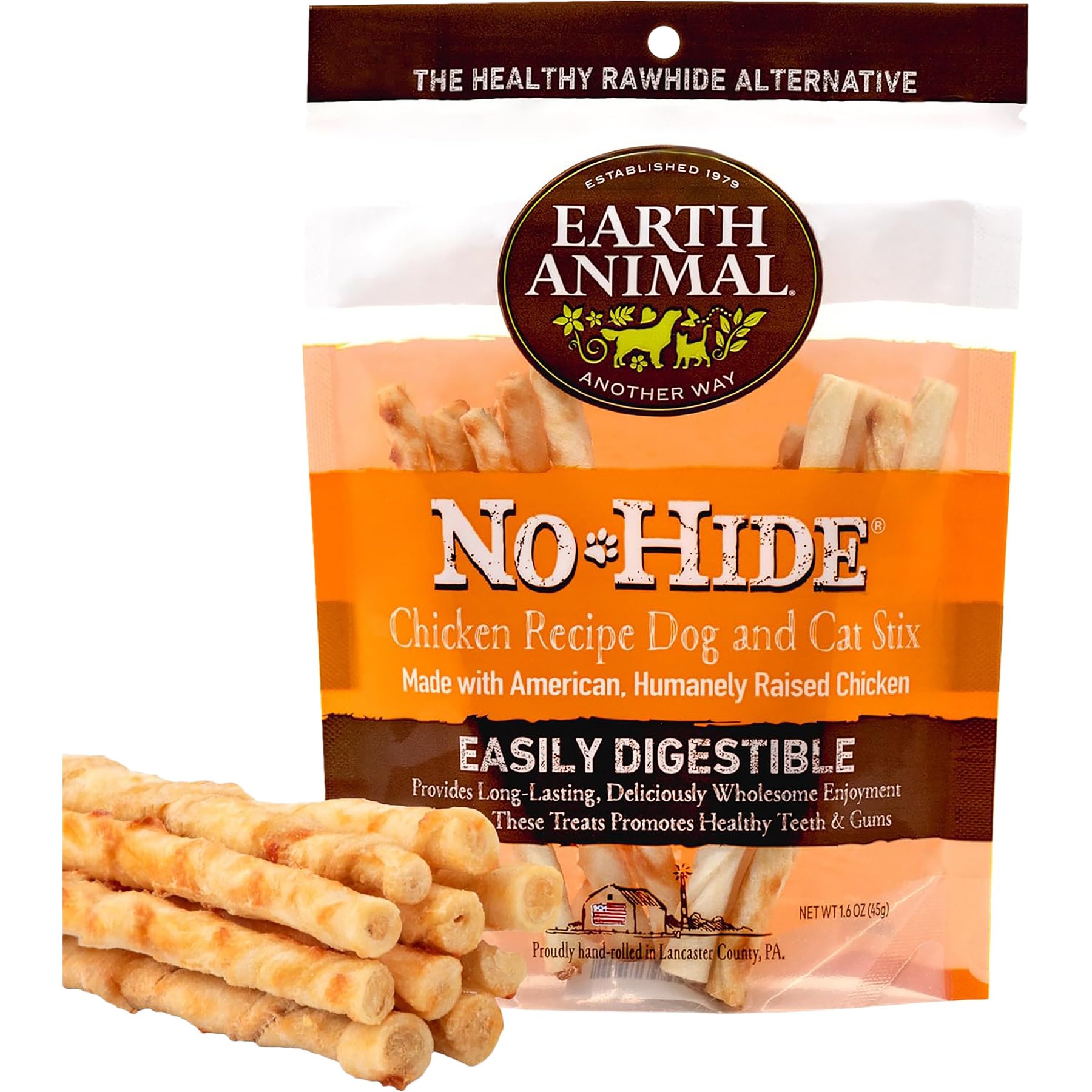 Earth Animal No-Hide Stix Long Lasting Natural Rawhide Alternative Chicken Recipe Chew Dog & Cat Treat Sticks, 10 count