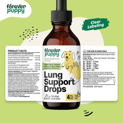Show full view: Forever Puppy Lung Support Drops Respiratory Supplement for Dogs, 4-fl oz bottle slide 8 of 10