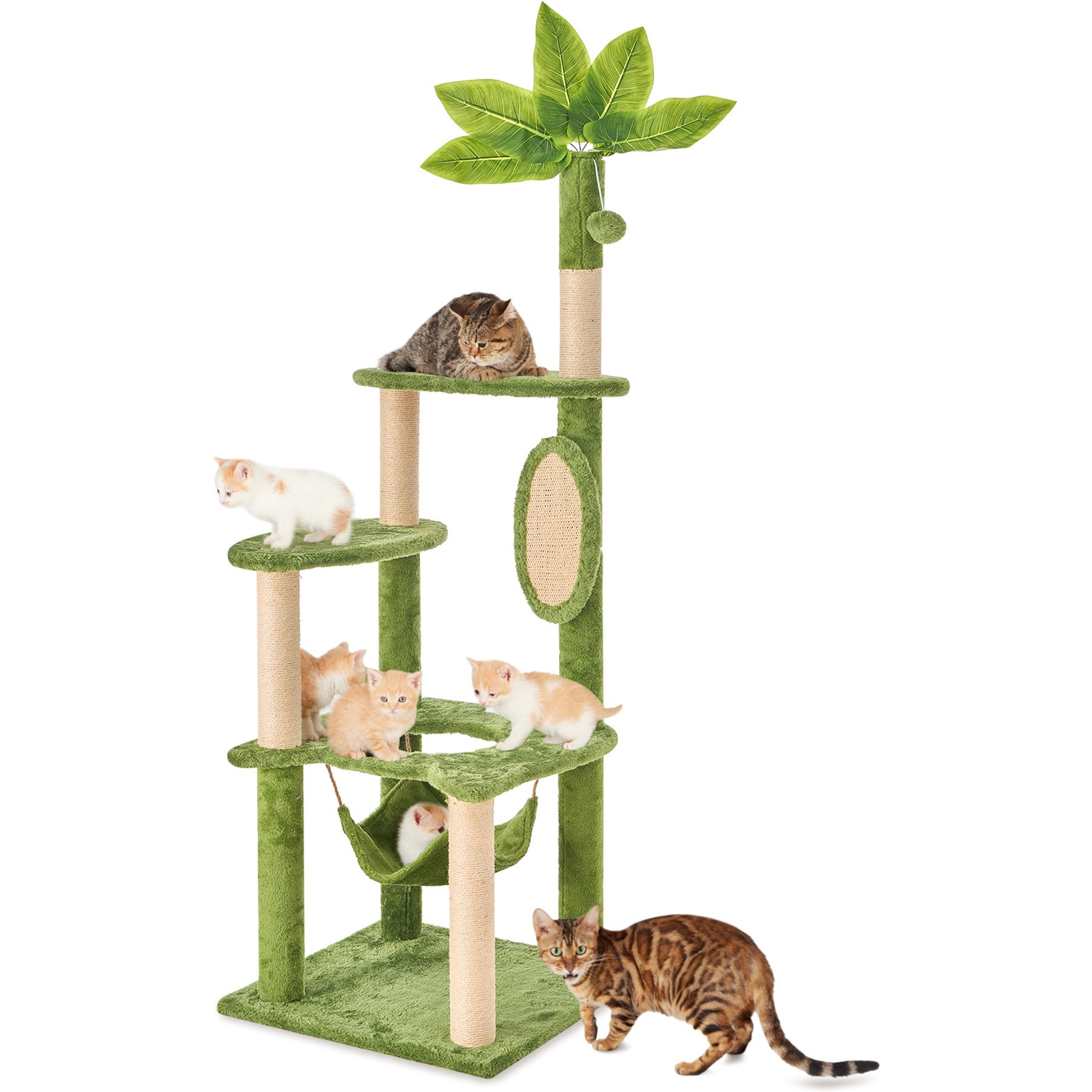 TSCOMON 55-in Plush Cat Tree with Hammock, Toy & Sisal Scratching Post, Green