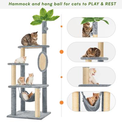 Show full view: TSCOMON 55-in Plush Cat Tree with Hammock, Toy & Sisal Scratching Post, Gray slide 4 of 8