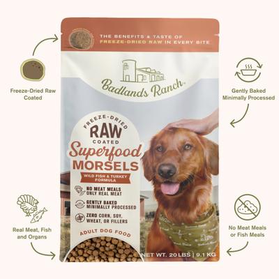 Show full view: Badlands Ranch Superfood Complete Raw Coated Morsels Wild Fish Dry Dog Food, 20-lb bag slide 4 of 9