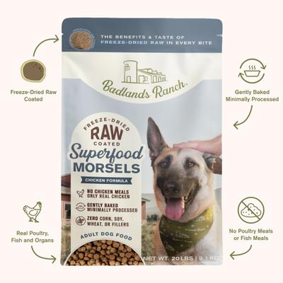Show full view: Badlands Ranch Superfood Complete Raw Coated Morsels Chicken Dry Dog Food, 20-lb bag slide 4 of 9