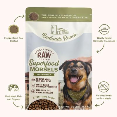 Show full view: Badlands Ranch Superfood Complete Raw Coated Morsels Beef Dry Dog Food, 20-lb bag slide 4 of 11