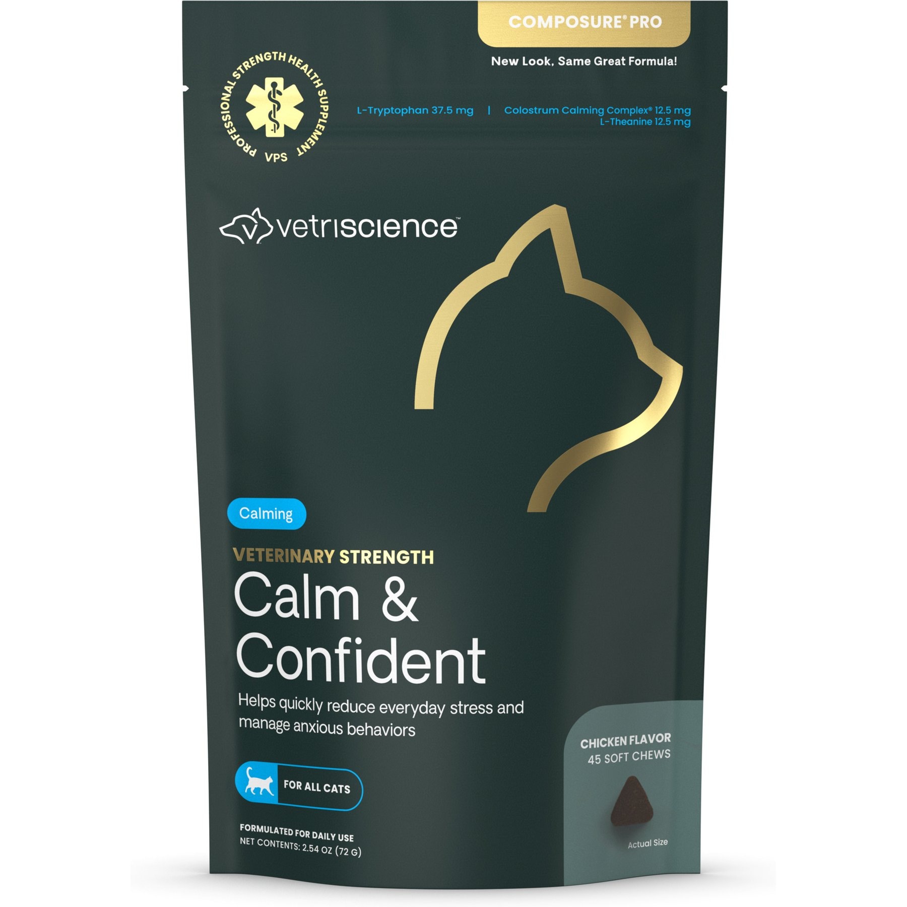 VetriScience Veterinary Strength Calm & Confident Thunderstorms Support Composure Pro Chicken Flavored Soft Chew Calming & Anxiety Supplement for Cats, 45 count