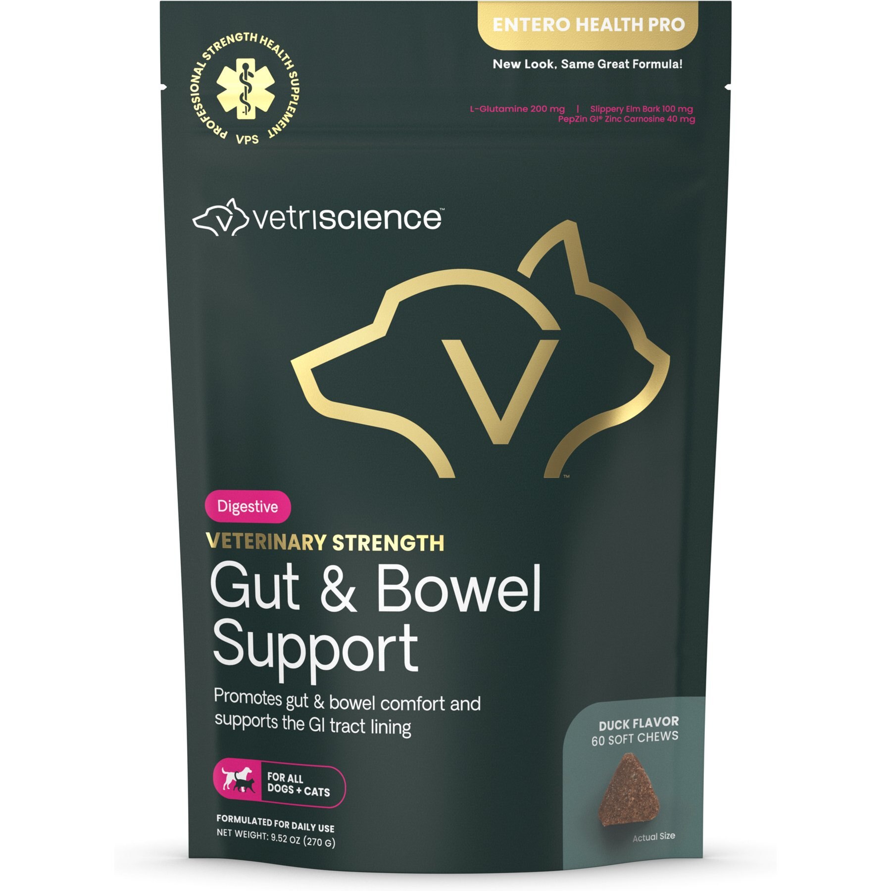 VetriScience Veterinary Strength Gut & Bowel Support Entero Health Pro Duck Flavored Soft Chew Digestive Supplement for Dogs, 60 count