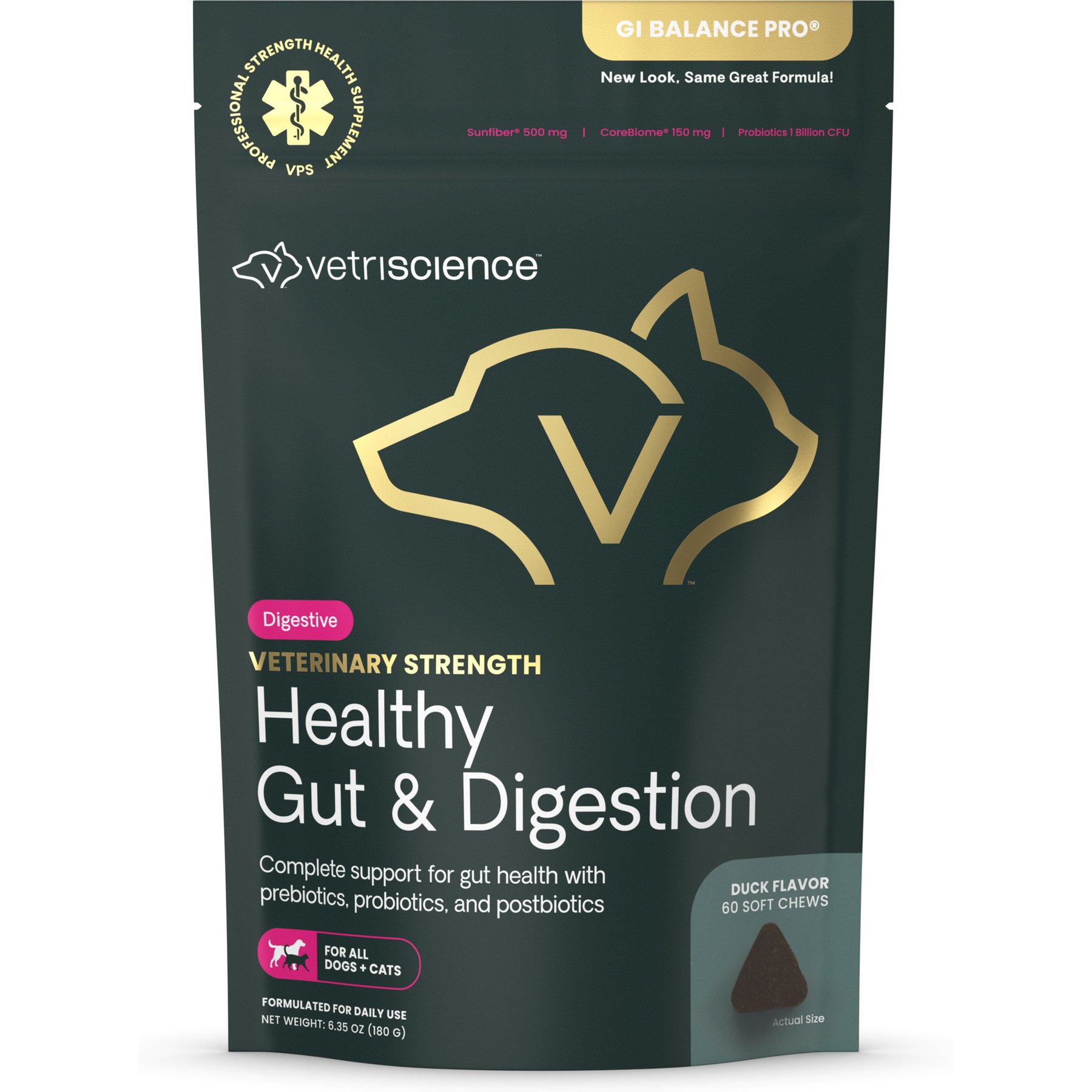 VetriScience Veterinary Strength Healthy Gut & Digestion Duck Flavored Soft Chew Digestive Supplement for Dogs & Cats, 60 count