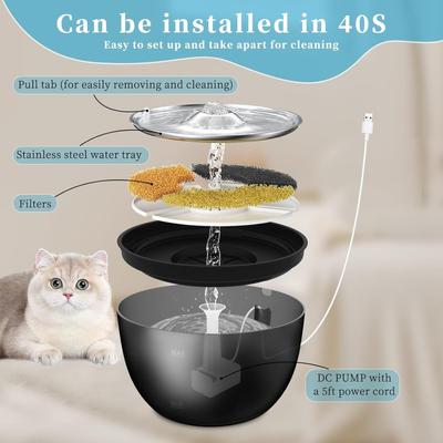 Show full view: PetNF Stainless Steel Cat Water Fountain, Black, 3-L slide 6 of 7