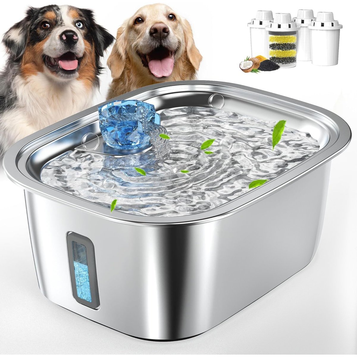 PetNF Stainless Steel Dog Water Fountain with 4 Filters, 3-gal