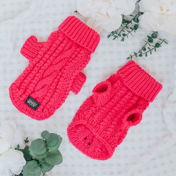 Show full view: Sassy Woof Cable Knit Dog Sweater, Hot Pink, XX-Large slide 5 of 7
