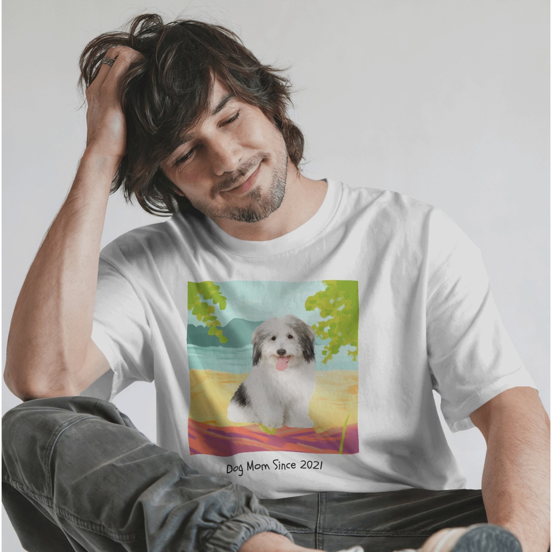 NeoAnimo Lake Beach Pet Photo & Name Personalized Ultra-Soft T-Shirt, White, Medium