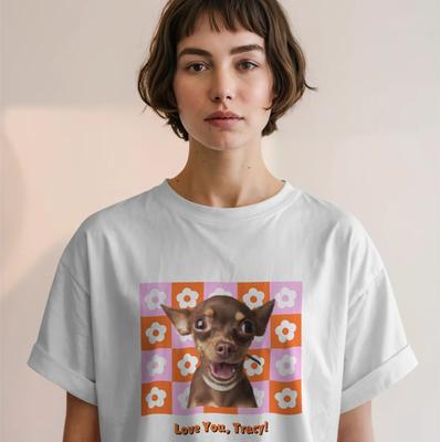 Show full view: Allisandro Retro Flower Pet Photo & Name Personalized Ultra-Soft T-Shirt, White, 3X-Large slide 3 of 6