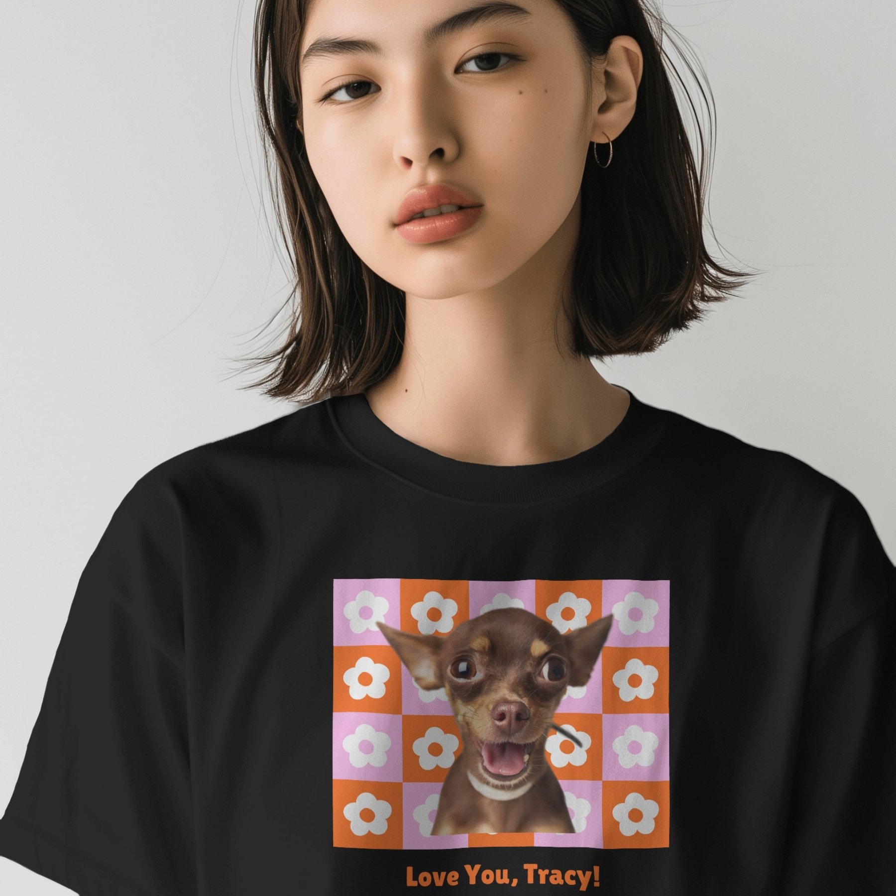 NeoAnimo Retro Flower Pet Photo & Name Personalized Ultra-Soft T-Shirt, Black, Medium