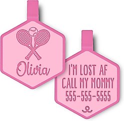 Besties Match Point Tennis Jingle-Free Silicone Dog ID Tag, Flamingo Pink