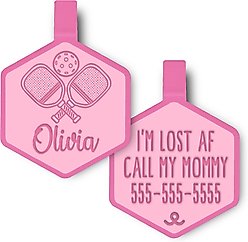 Besties Paddle Battle Pickleball Jingle-Free Silicone Dog ID Tag, Flamingo Pink
