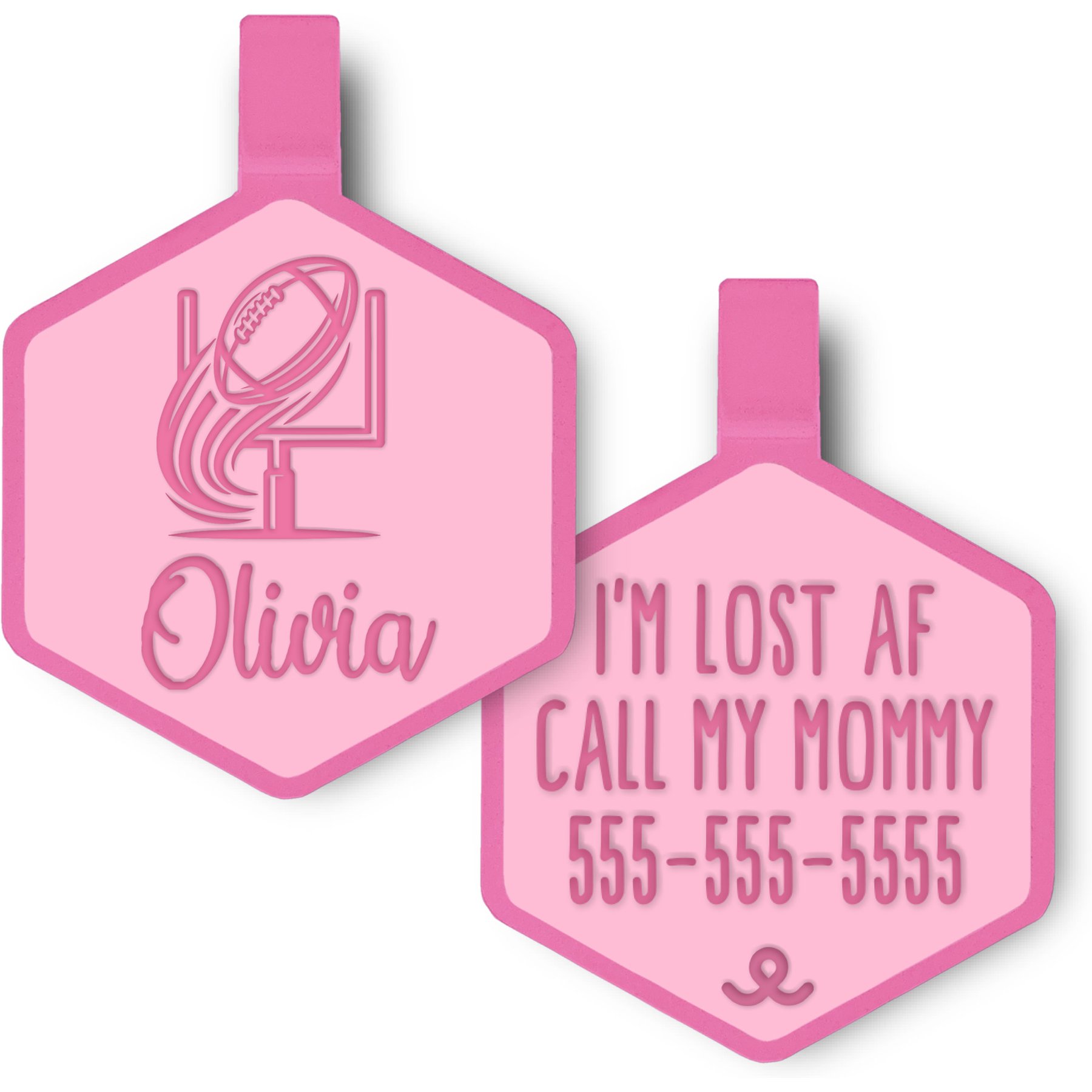 Besties Mini Touchdown Football Jingle-Free Silicone Dog ID Tag, Flamingo Pink